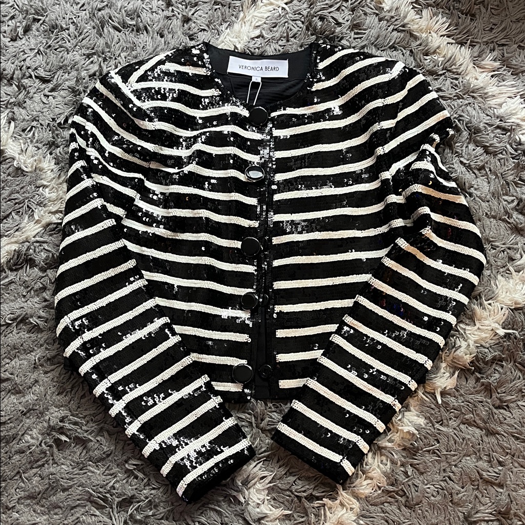 Veronica Beard Sequined Mickey Jacket. Black. White Stripe. New. Size 0